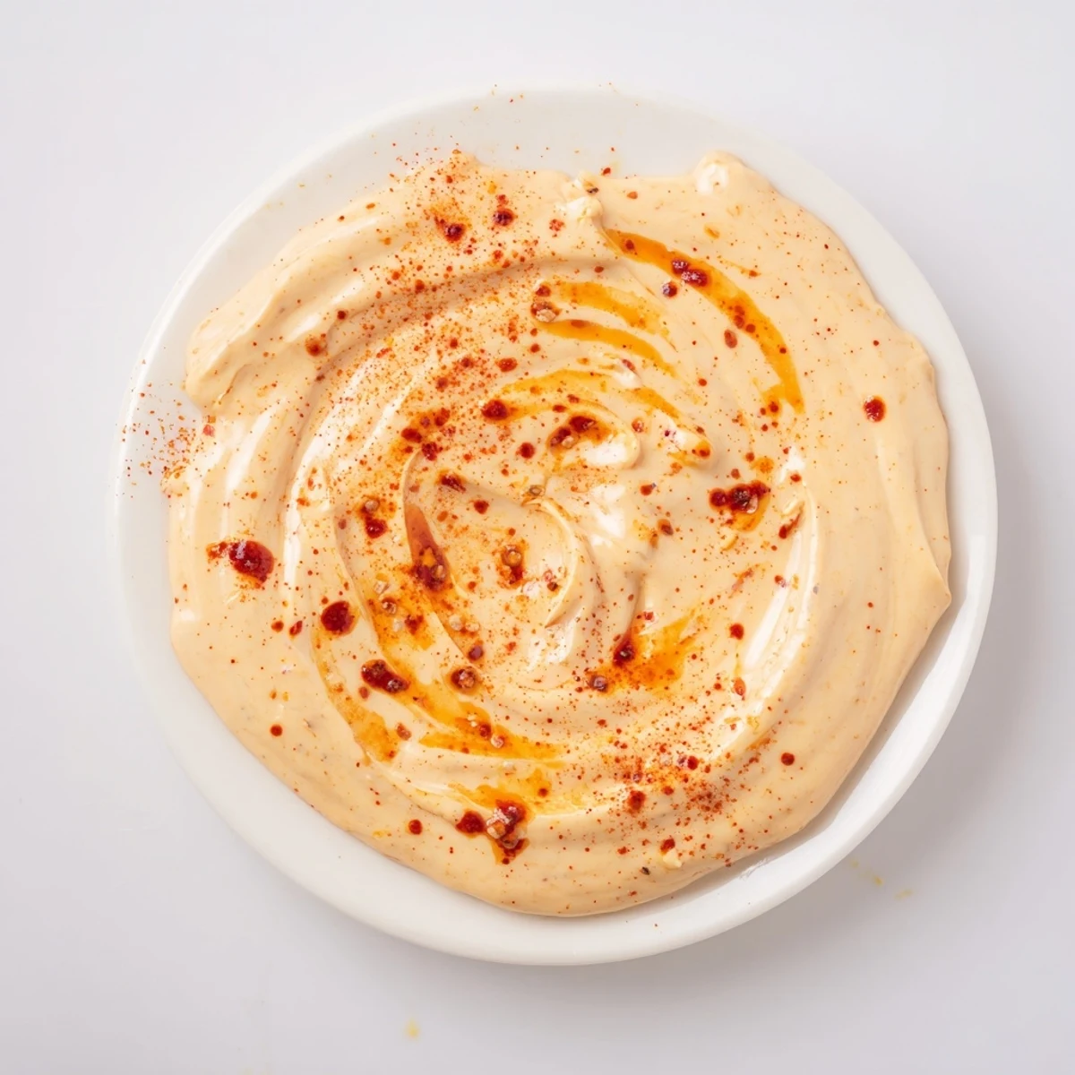 A close-up of a spoon lifting smooth, garlicky Spicy Aioli from a mixing bowl, showing its creamy texture and vibrant red spice.