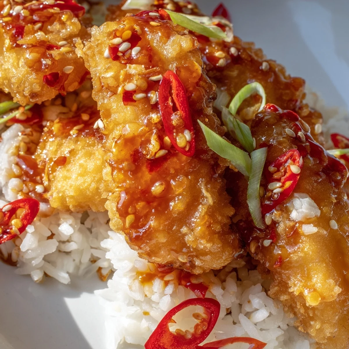 Golden-battered cod strips glisten with sweet chili glaze over a mound of fluffy white rice in this Sweet & Spicy Cod Strips with Chili-Garlic Drizzle over Rice recipe.