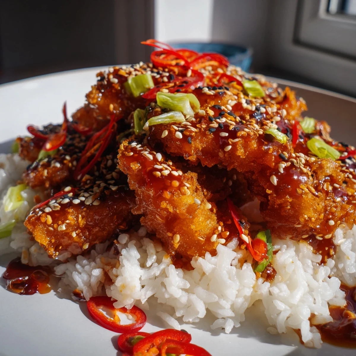 A close-up view shows tender pieces of fish drizzled with vibrant red chili-garlic oil and topped with fresh green onions and sesame seeds in this savory meal.