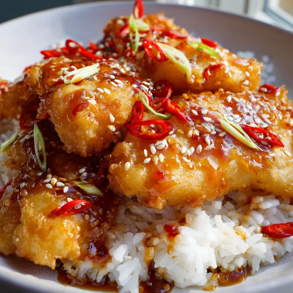 Served on a warm plate, the Sweet & Spicy Cod Strips with Chili-Garlic Drizzle over Rice features crispy textures and steaming jasmine rice for a comforting dinner.