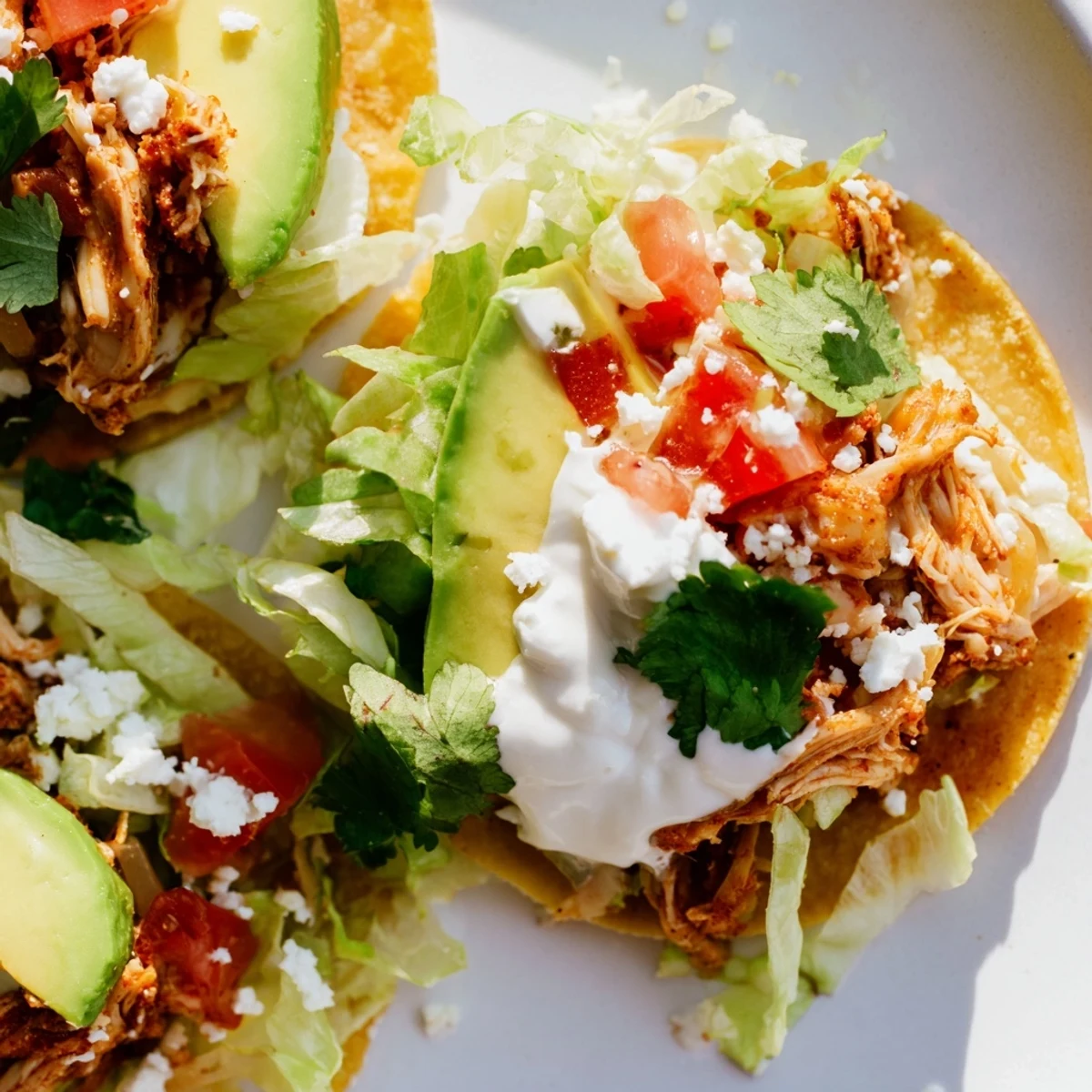 A close-up view of mini chicken tostadas showing shredded chicken, melted cheese, and a drizzle of sour cream.
