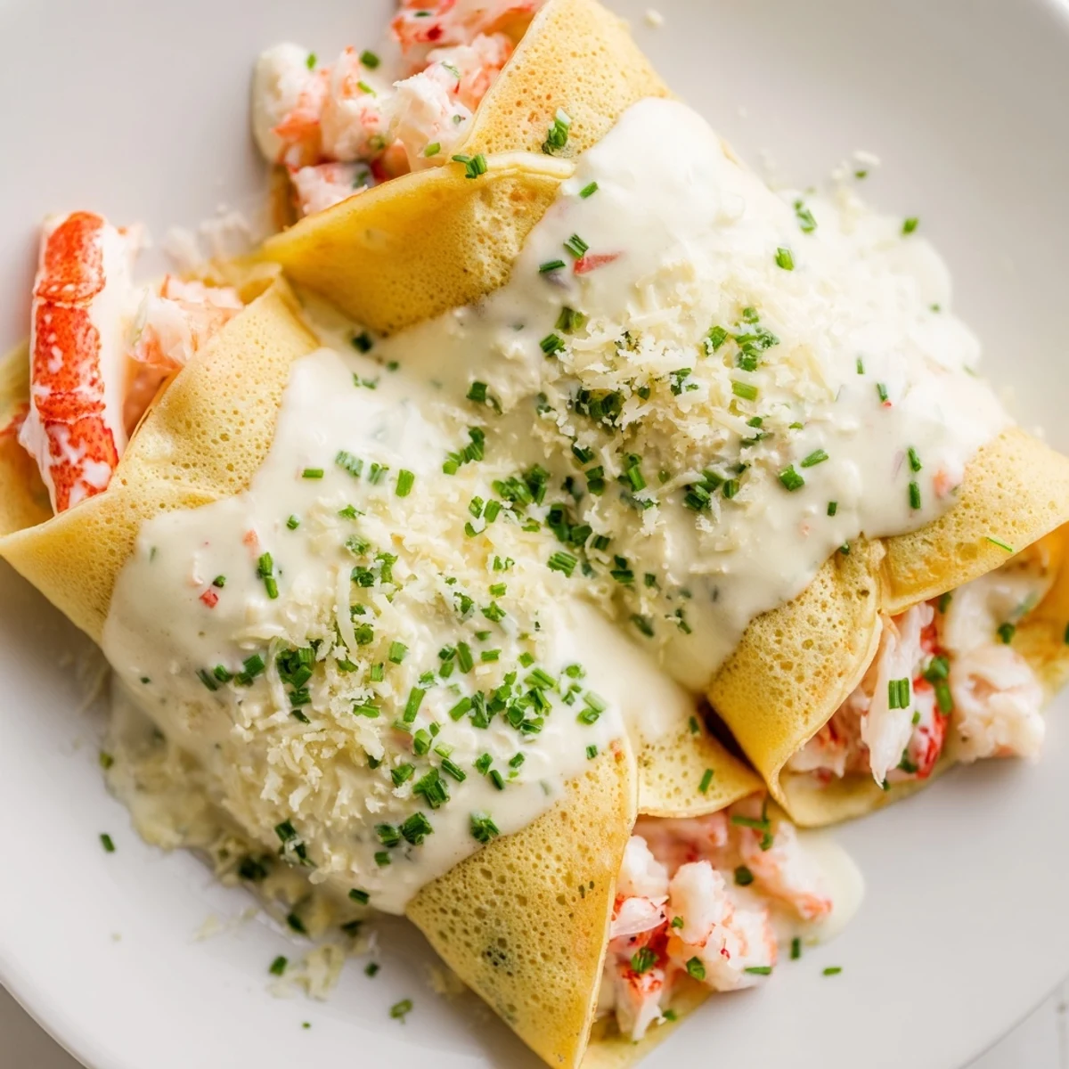 Golden, baked Gourmet Seafood Crêpes with Homemade Béchamel Sauce bubbling with rich cream and cheese.