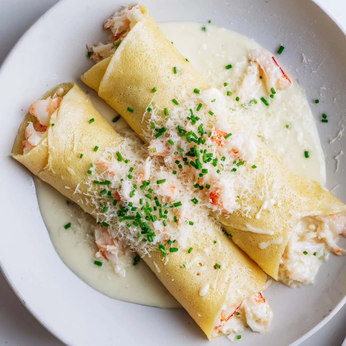 Tender crêpes stuffed with shrimp and crab, draped in velvety homemade béchamel sauce.
