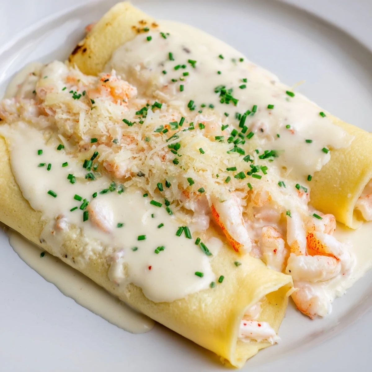 Elegant Gourmet Seafood Crêpes with Homemade Béchamel Sauce, garnished with fresh chives, ready to serve.