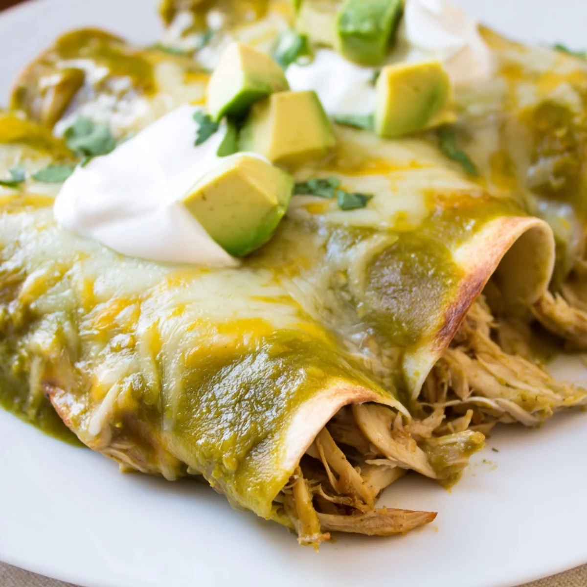 Golden corn tortillas stuffed with chicken in Green Enchiladas With Chicken dish.