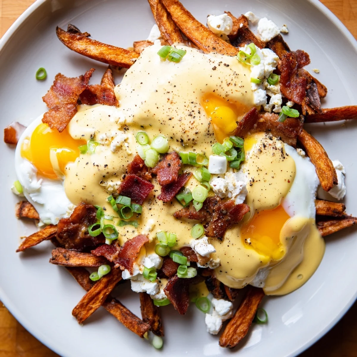Golden crispy fries topped with fresh cheese curds and poached eggs in Ultimate Breakfast Poutine with Creamy Hollandaise Sauce.