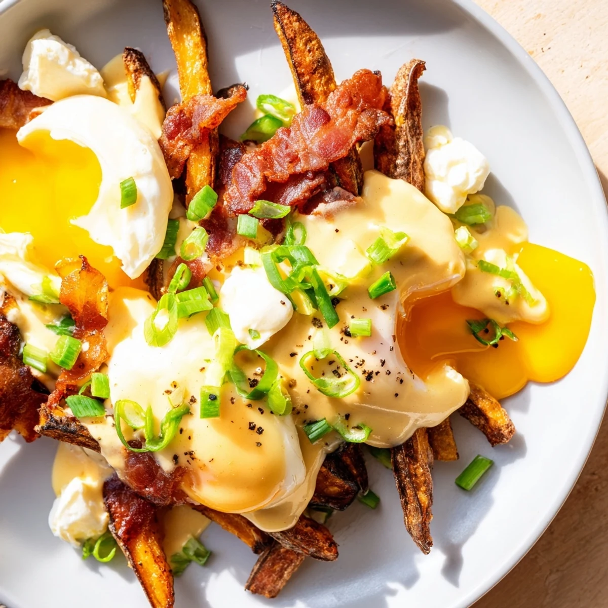 A close-up view of Ultimate Breakfast Poutine with Creamy Hollandaise Sauce drizzled over savory bacon and green onions.