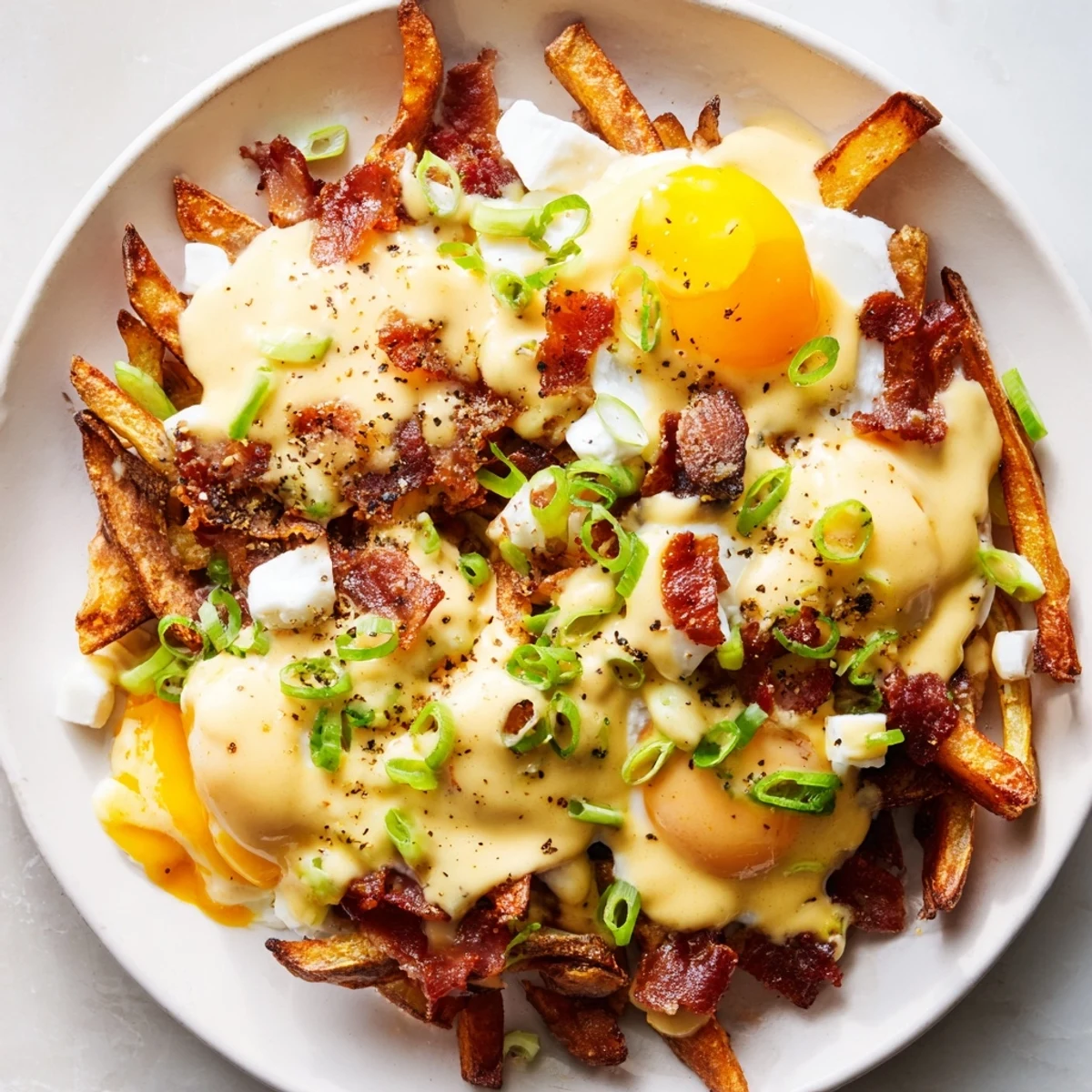 Savory Ultimate Breakfast Poutine with Creamy Hollandaise Sauce served hot on a plate, perfect for a hearty brunch.