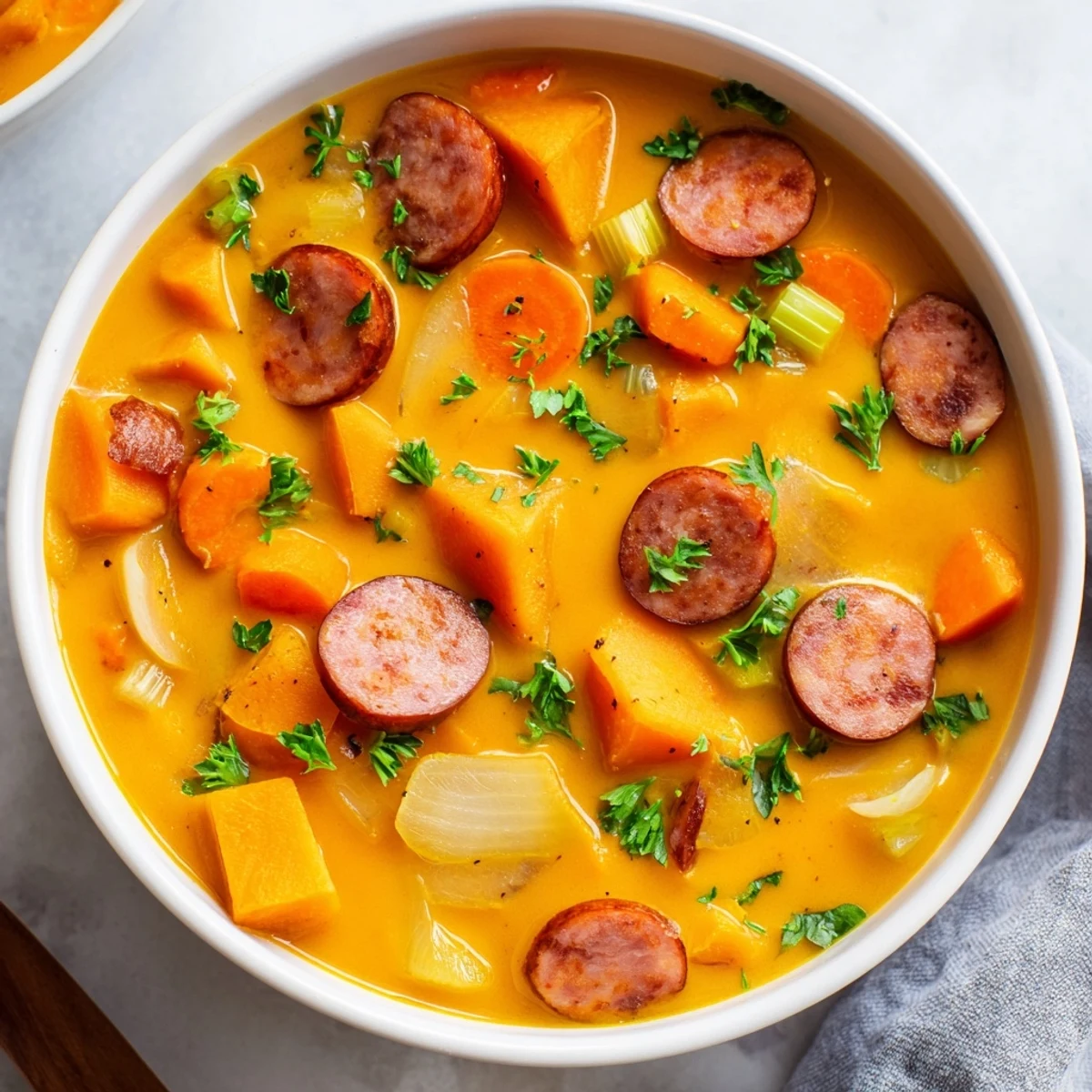 Creamy Sweet Potato and Sausage Soup steaming in a rustic bowl, garnished with fresh parsley and a swirl of cream.
