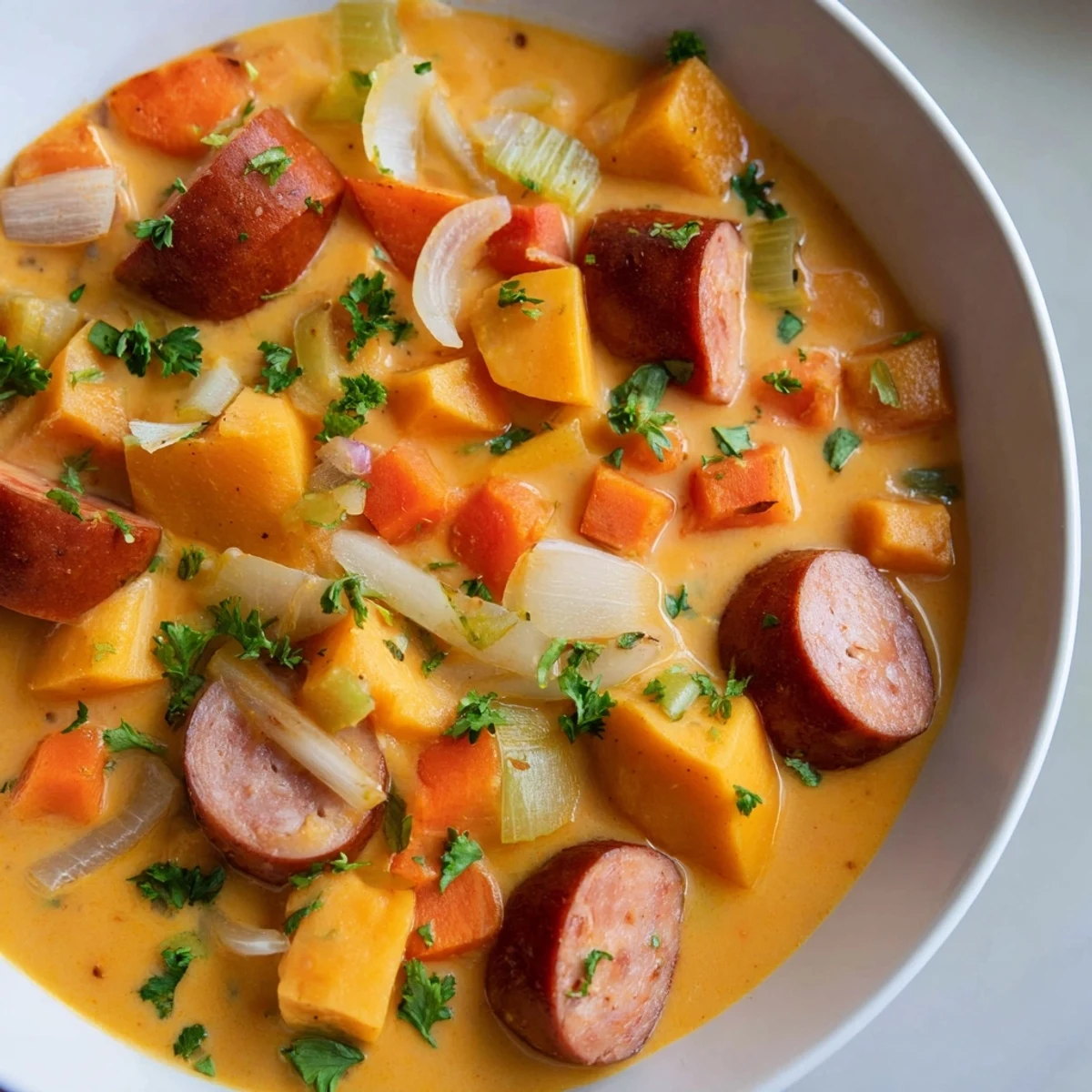 Hearty Creamy Sweet Potato and Sausage Soup served alongside gluten-free bread, perfect for a cozy weeknight dinner.