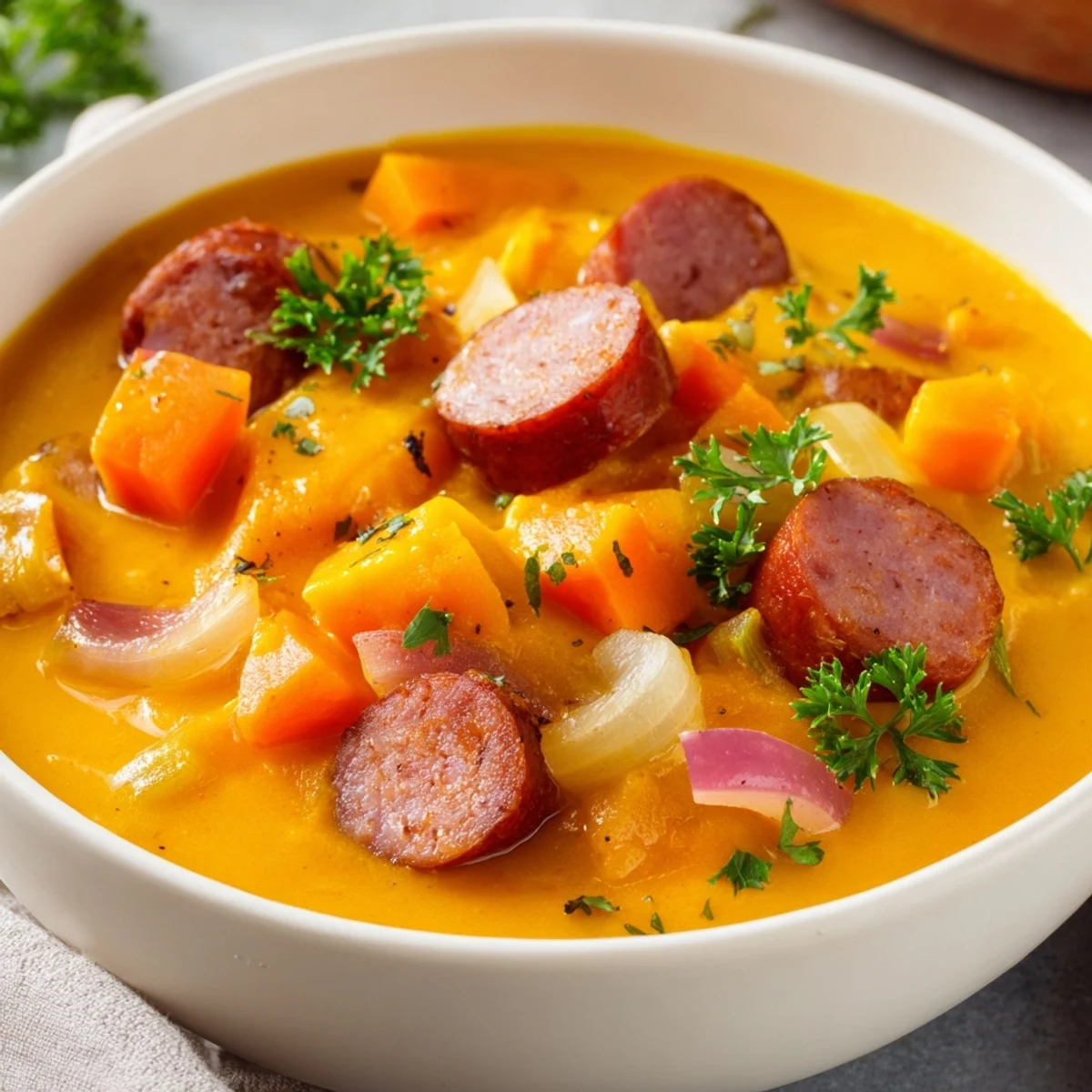 A velvety Creamy Sweet Potato and Sausage Soup featuring chunks of sweet potato and savory sausage in every spoonful.