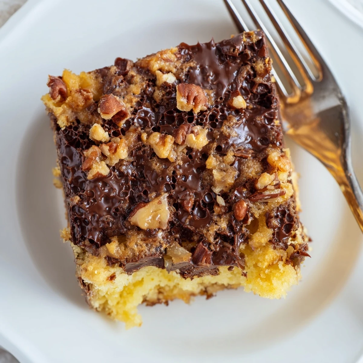 Chewy, buttery Cake Mix Toffee Bars topped with melted chocolate and crunchy toffee bits on a marble counter.  