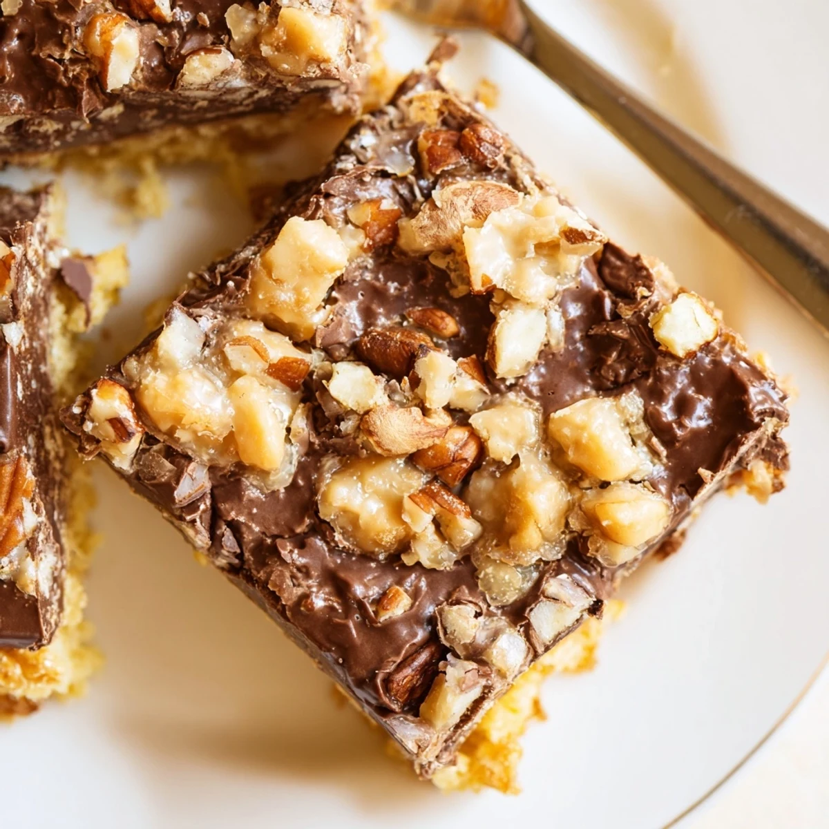 Sliced Golden Cake Mix Toffee Bars served on a rustic wooden board next to a glass of cold milk.  