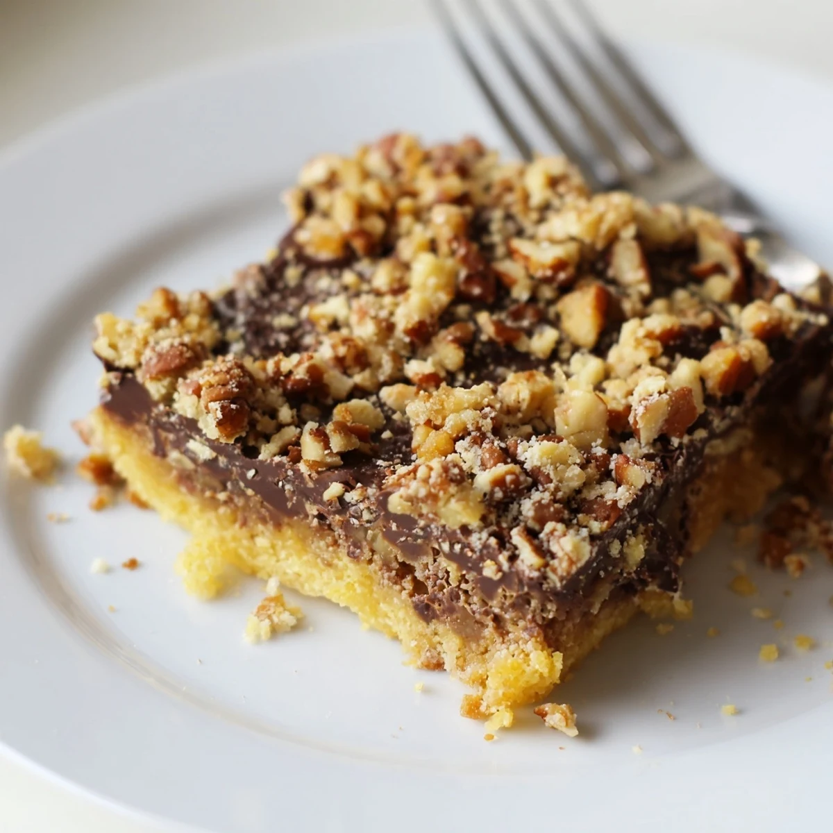 Freshly baked golden-brown Cake Mix Toffee Bars sprinkled with toffee bits and chocolate chips on a parchment-lined tray.