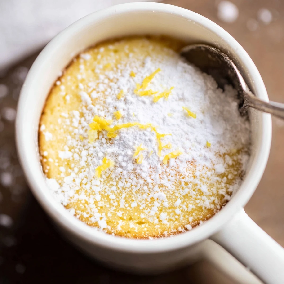 A single Lemon Cottage Cheese Mug Cake with a fluffy texture and a bright lemon aroma, garnished with powdered sugar.  