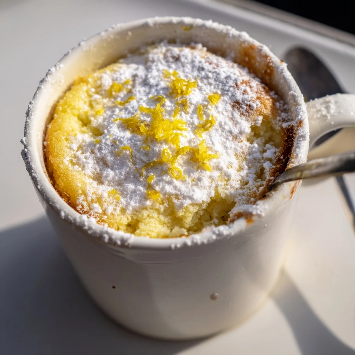 The golden Lemon Cottage Cheese Mug Cake rises in a white mug, showcasing soft crumbs and a fresh lemon flavor.
