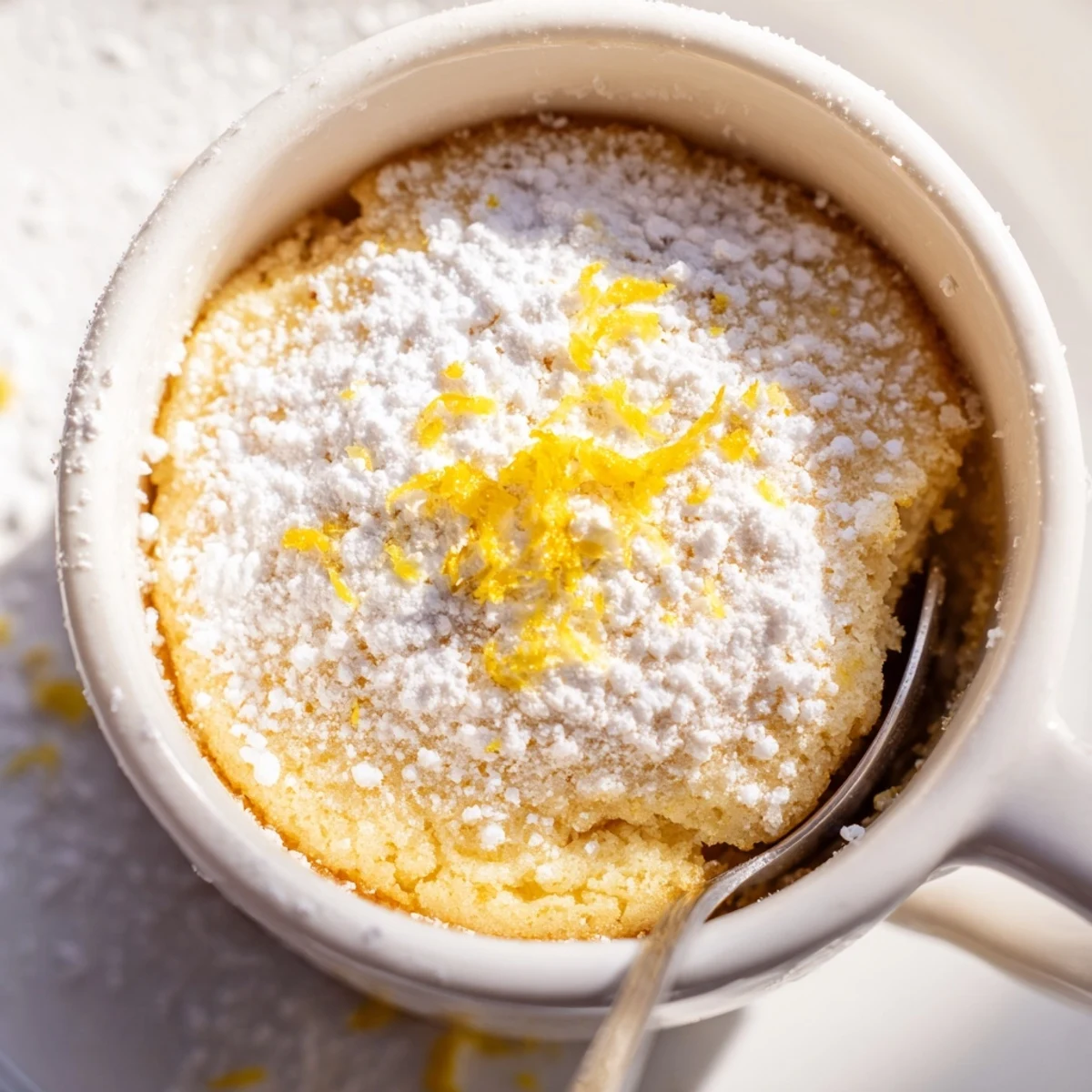 Enjoy this quick microwave Lemon Cottage Cheese Mug Cake topped with zest and a dollop of yogurt for a tangy treat.  