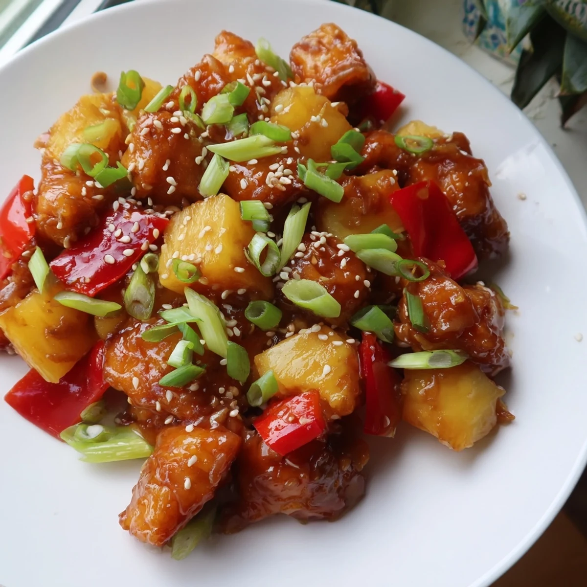 Tender Sticky Pineapple Chicken simmering in a glossy sweet and tangy sauce, garnished with sesame seeds and fresh pineapple chunks.