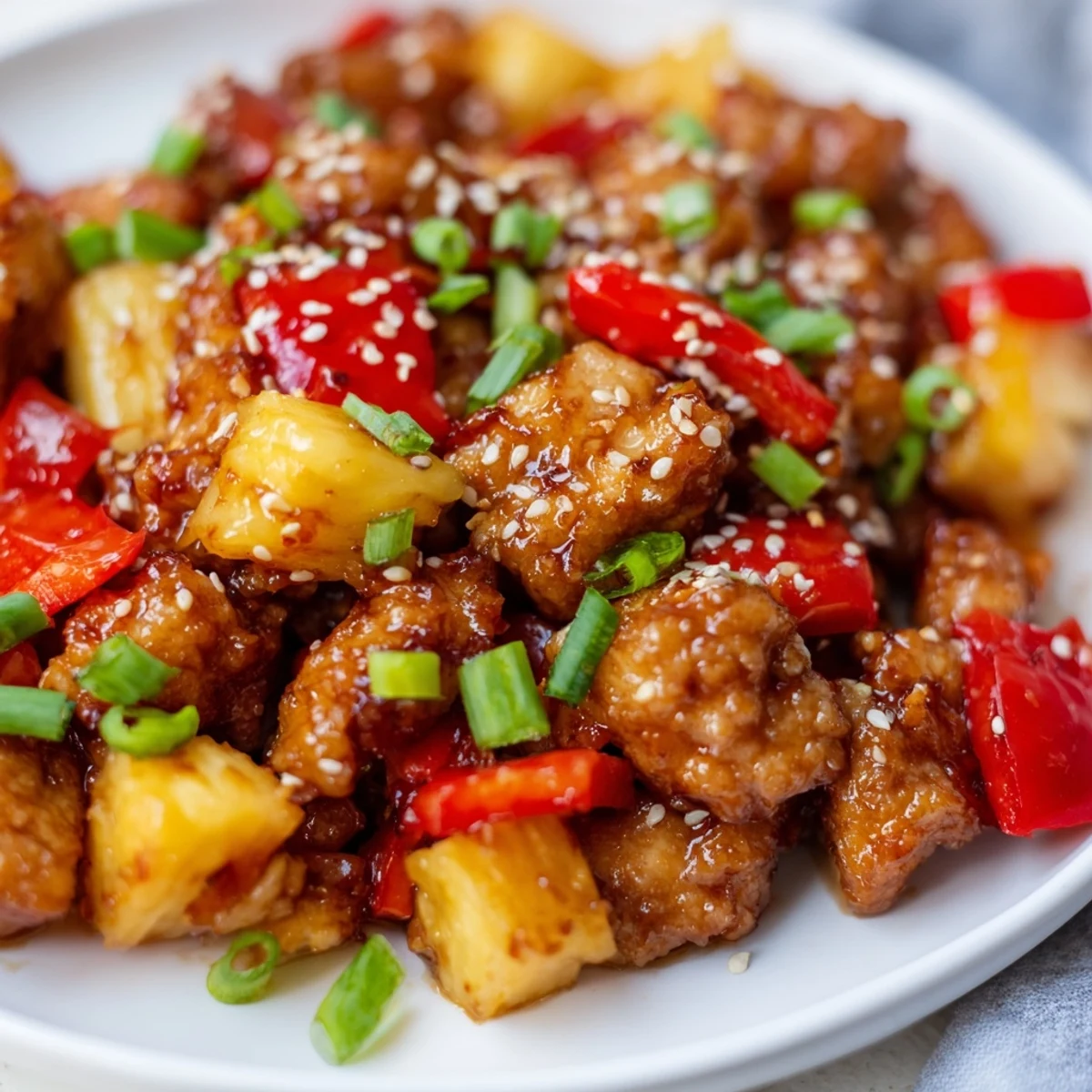 Golden-brown chicken pieces coated in a sticky pineapple glaze with red bell peppers and green onions served over white rice.