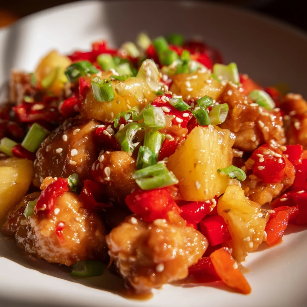 Savory Sticky Pineapple Chicken plated with steamed jasmine rice, diced red bell pepper, and a sprinkle of sliced green onions.