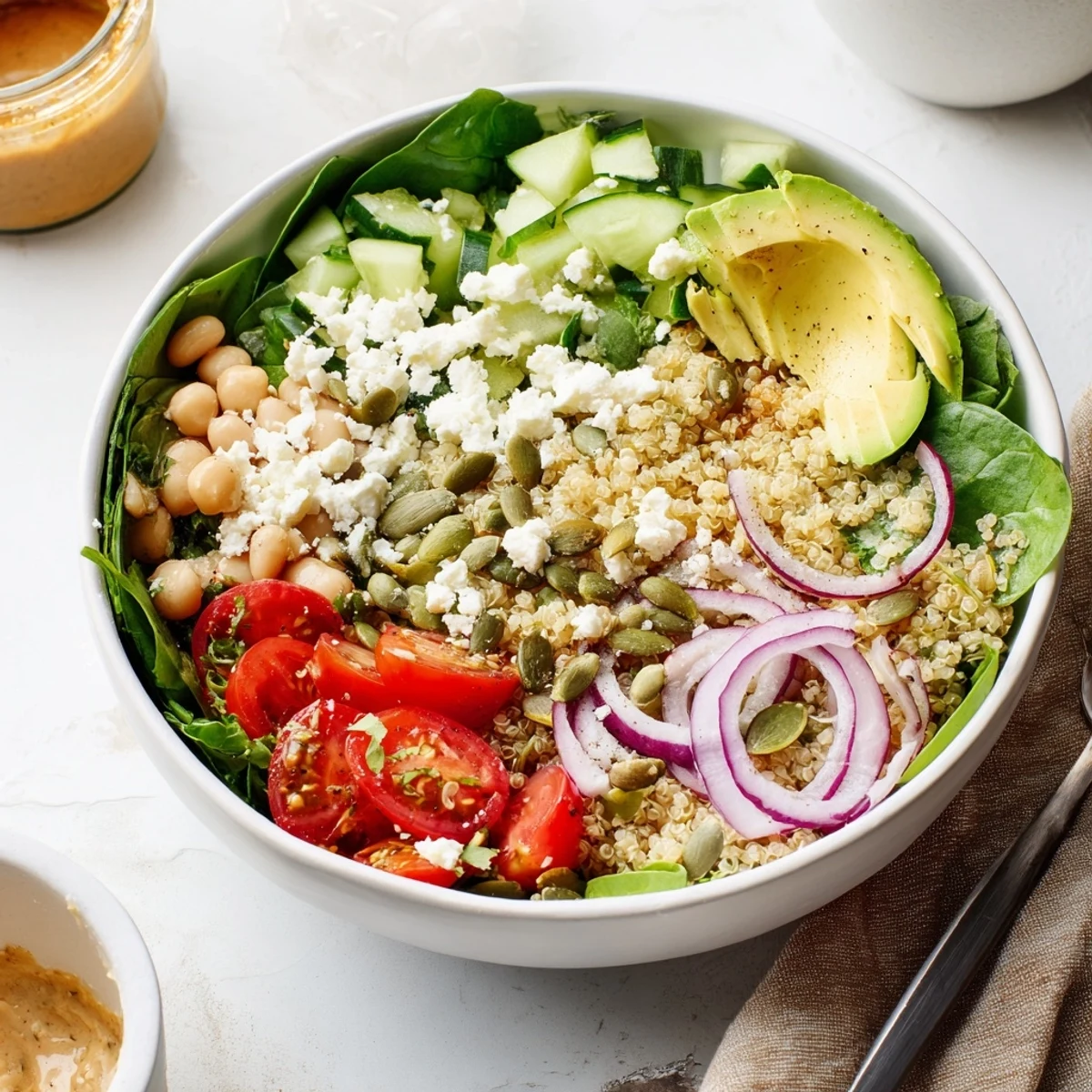 Fresh spinach and white beans in the Spinach & White Bean Ultimate Protein Power Bowl create a colorful, nourishing vegetarian meal.