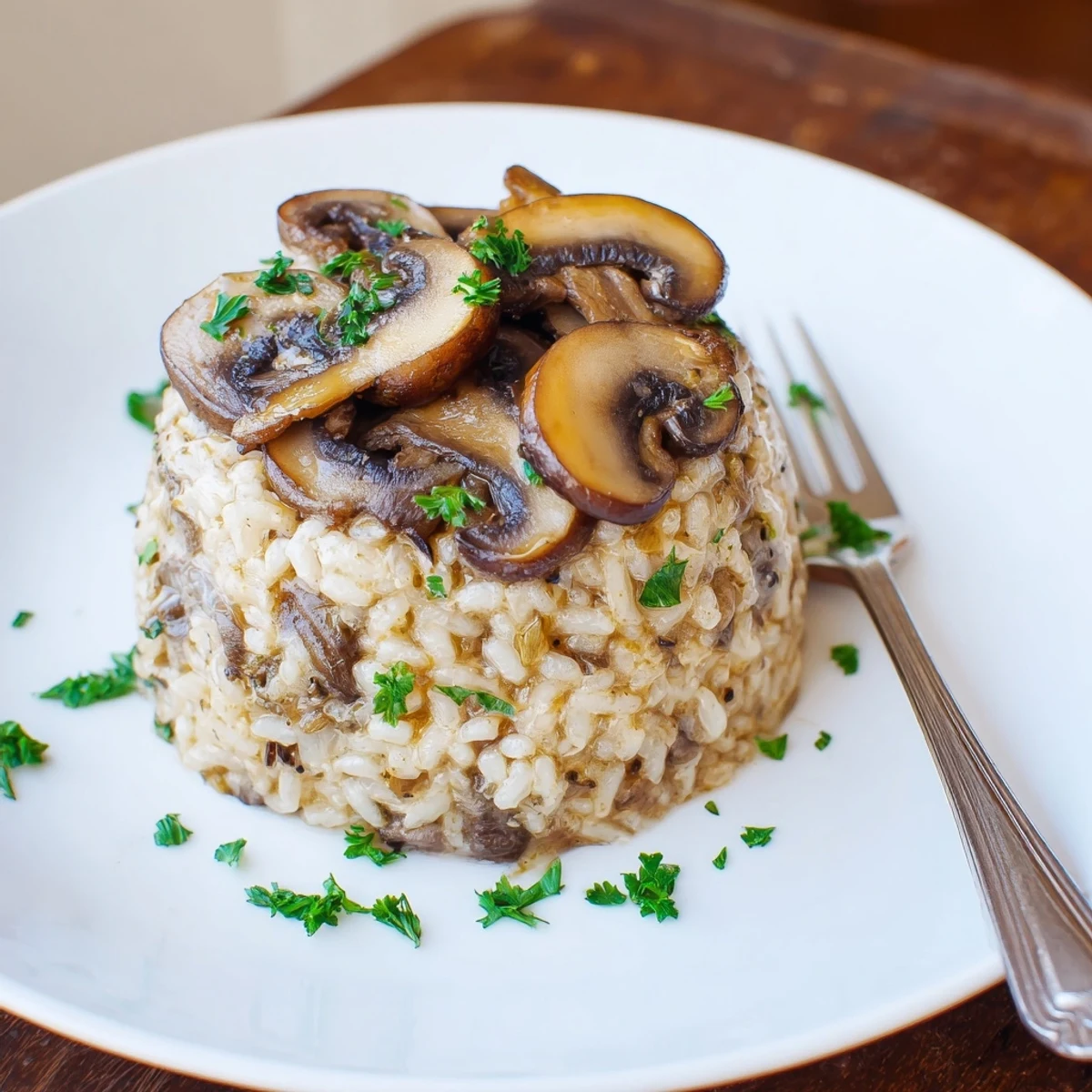 A bowl of Creamy Mushroom Risotto garnished with fresh parsley, extra Parmesan, and golden sautéed mushrooms on top.