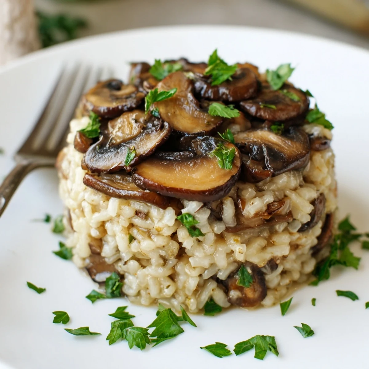 This photo of Creamy Mushroom Risotto highlights the creamy Arborio rice and sautéed mushrooms, perfect for a comforting Italian meal.