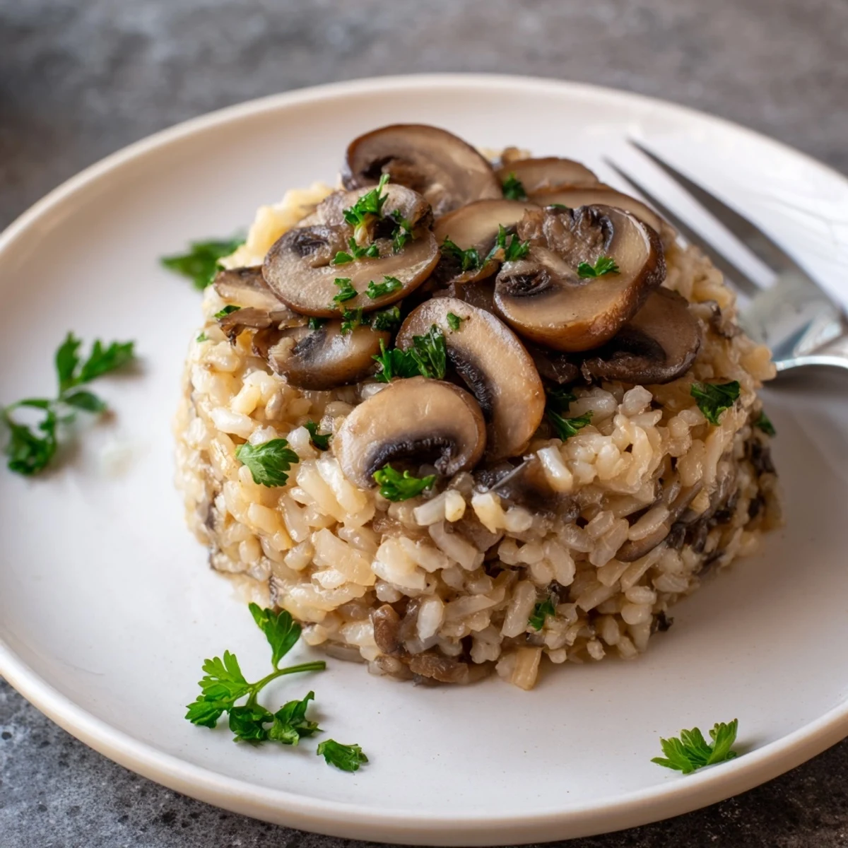 The finished Creamy Mushroom Risotto is served warm, showing its velvety texture and rich Parmesan and mushroom flavors.