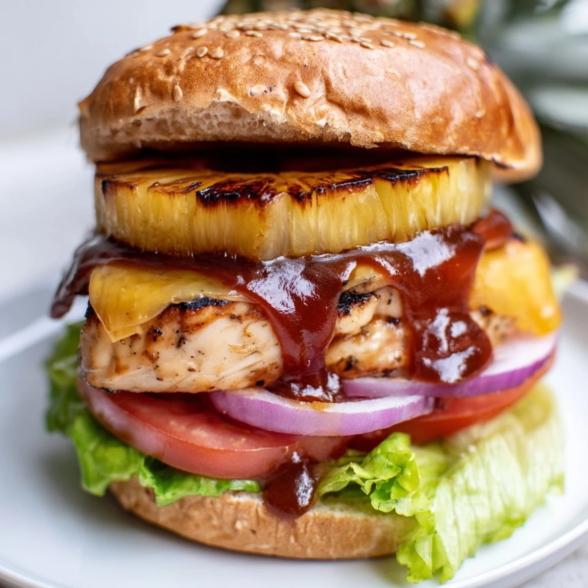 A close-up of the Hawaiian Pineapple Chicken Burger reveals a juicy patty and grilled pineapple, served with vibrant veggies.