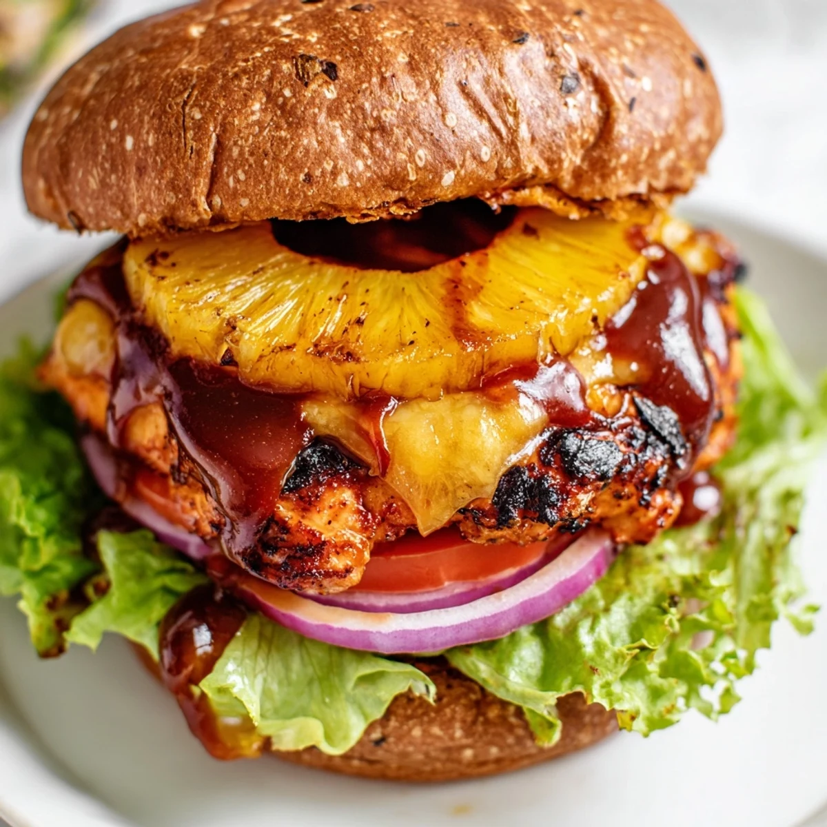 The Hawaiian Pineapple Chicken Burger features charred pineapple, fresh lettuce, and tomato on a toasted bun for a tropical meal.