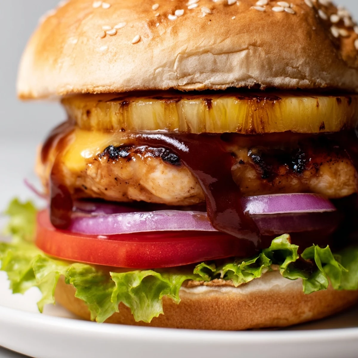 Savor a Hawaiian Pineapple Chicken Burger with tangy barbecue sauce and a side of golden sweet potato fries.