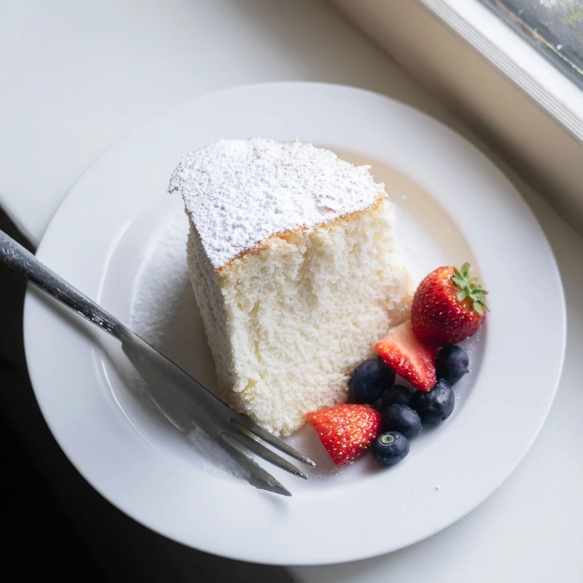 Fluffy Yogurt Cloud Cake sits on a plate dusted with powdered sugar and surrounded by fresh raspberries.