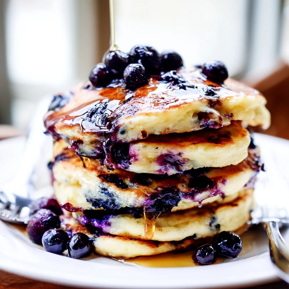Fluffy Greek Yogurt Blueberry Pancakes on a griddle, golden brown and bubbly, next to a bowl of blueberries.