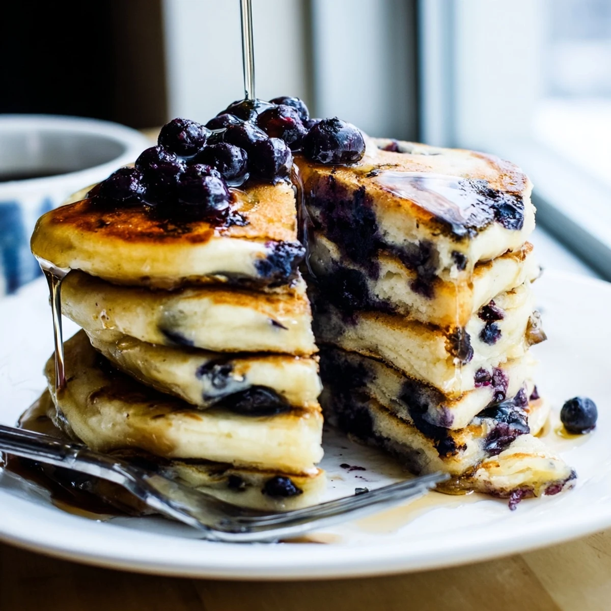 Fluffy Greek Yogurt Blueberry Pancakes stacked high with fresh berries on a white plate, drizzled with maple syrup.