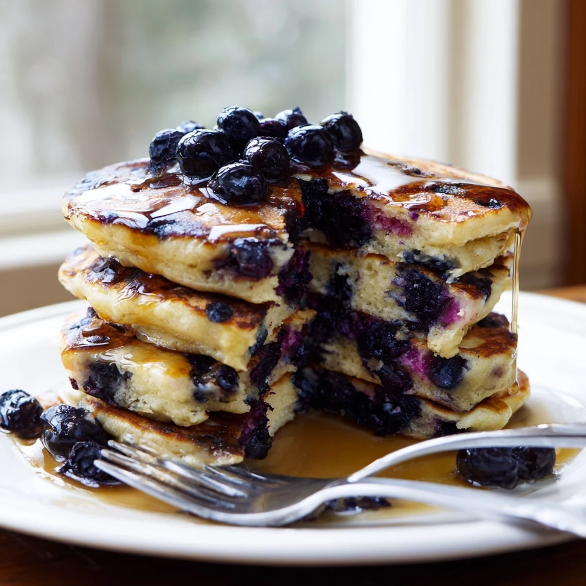 Fluffy Greek Yogurt Blueberry Pancakes served with Greek yogurt dollop and extra blueberries for a wholesome breakfast.