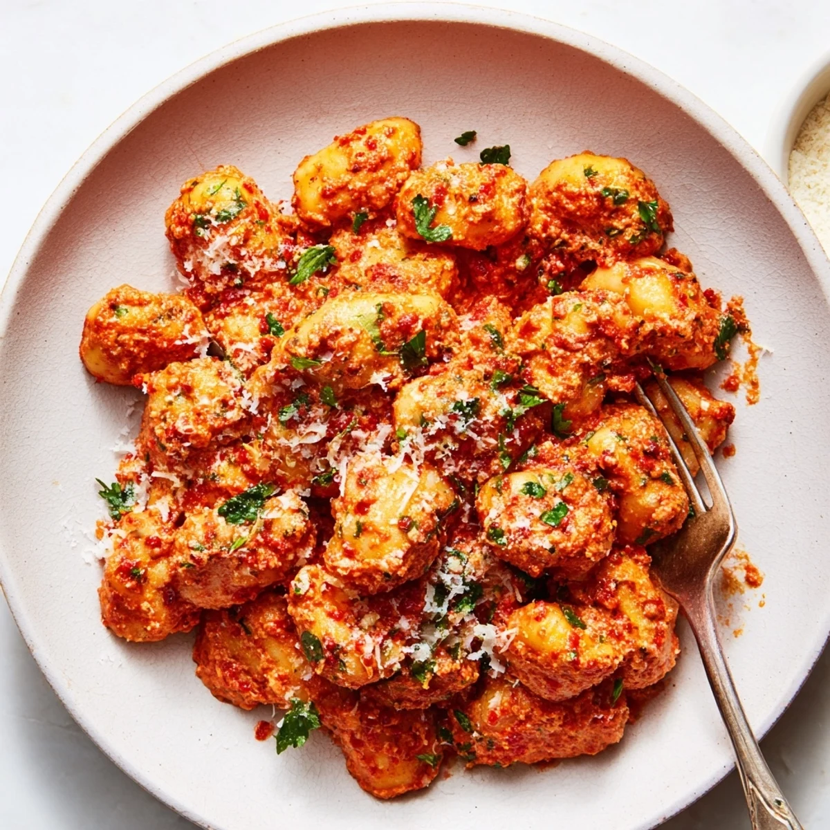 Pillowy potato gnocchi coated in a vibrant, smoky Romesco sauce, garnished with fresh parsley on a rustic plate.