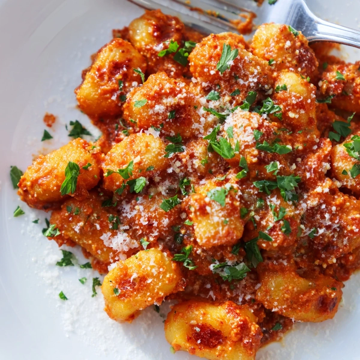 A close-up view of tender gnocchi tossed in a rich, roasted red pepper sauce with toasted almonds.