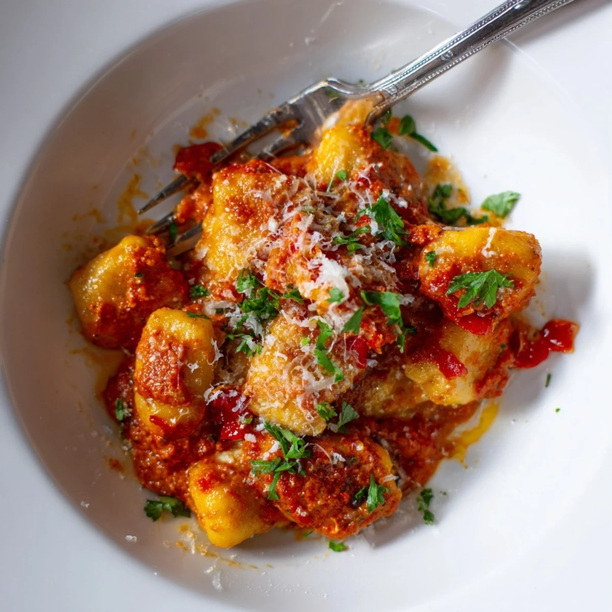 Steaming bowl of Gnocchi With Quick Romesco Sauce, ready to serve with grated Parmesan for a hearty weeknight dinner.