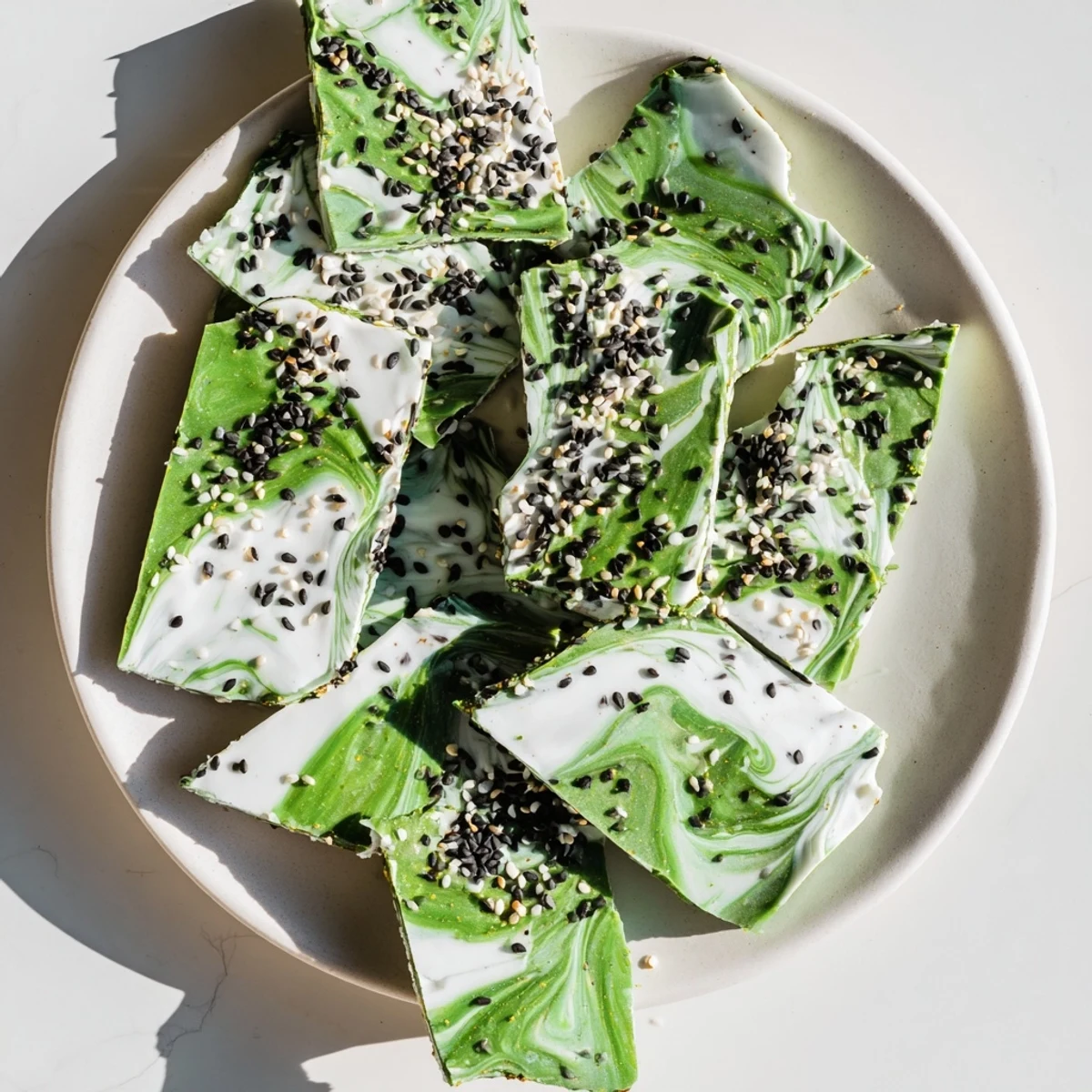 Green matcha and toasted black sesame seeds on white chocolate bark, cut into square pieces on a marble surface.