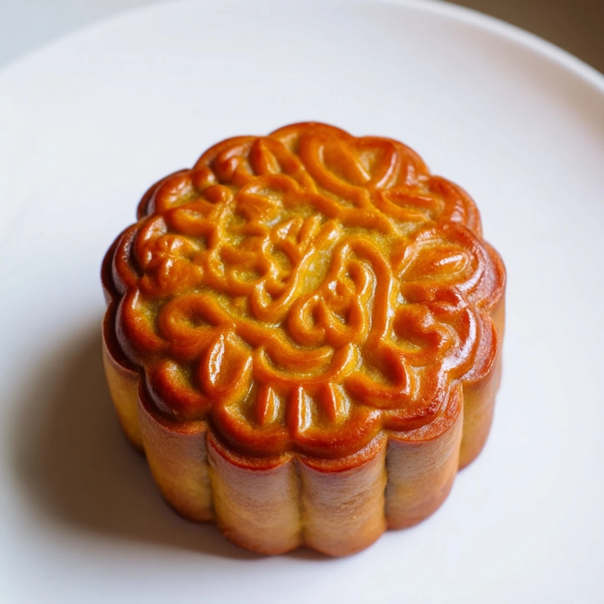 Golden baked Mooncake with lotus seed paste, displayed on a decorative plate for festive Mid-Autumn celebration.