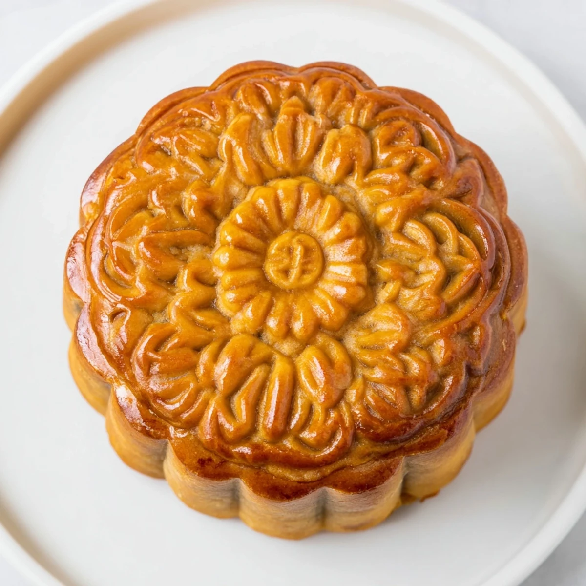 Freshly baked Mooncake with intricate pattern, dusted with flour on a rustic wooden board for home baking.