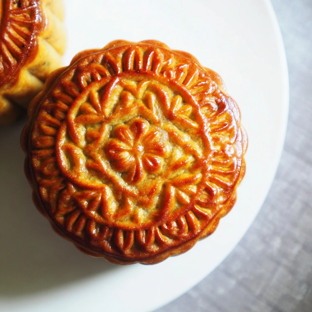 Sliced Mooncake revealing golden pastry and fragrant lotus filling, served with hot tea on a wooden table.