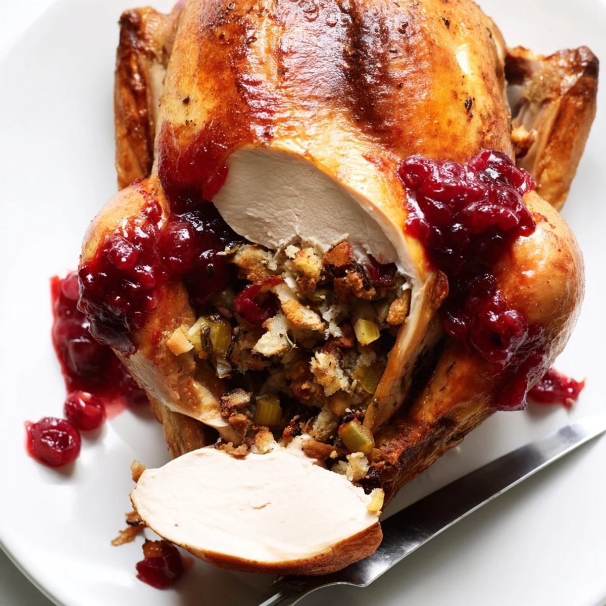 Juicy slices of Cherry Roast Chicken with Sage Stuffing and Cherry Sauce displayed beside a bowl of extra stuffing and a vibrant red cherry glaze.