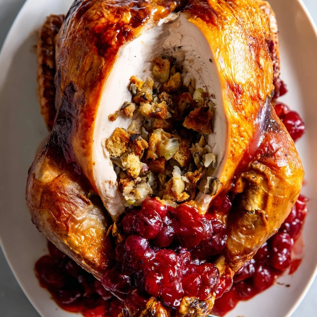 A beautifully roasted Cherry Roast Chicken with Sage Stuffing and Cherry Sauce, glistening on a platter with rich sauce drizzled over the golden-brown skin.