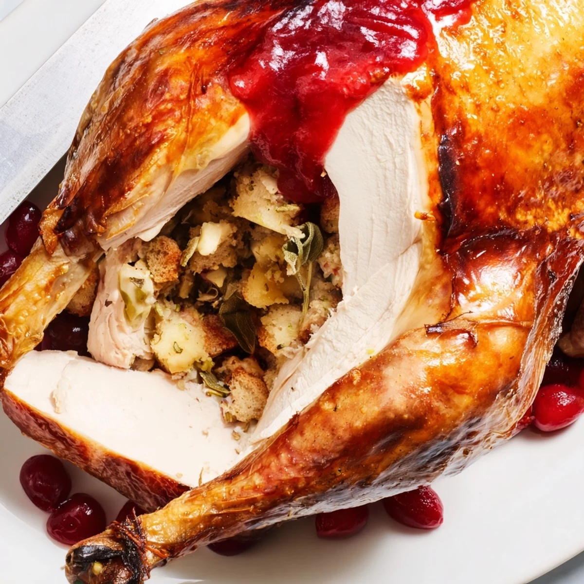 Serving suggestion for Cherry Roast Chicken with Sage Stuffing and Cherry Sauce, plated with roasted root vegetables and a glass of red wine.
