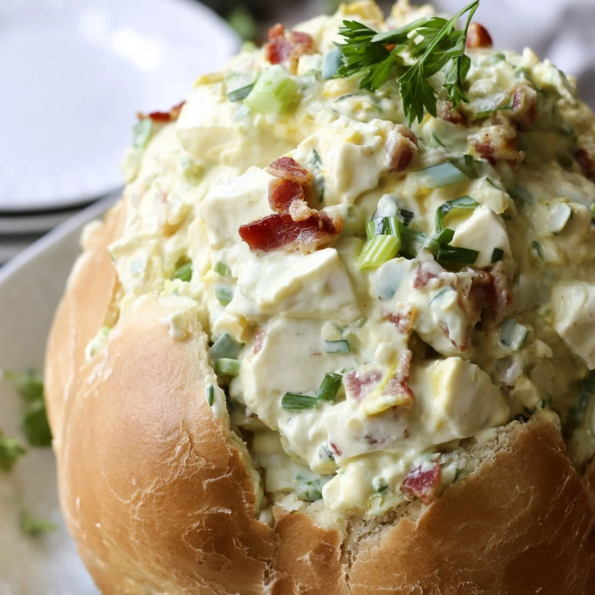 The Easter Bunny Cob with Egg Salad is filled with creamy egg salad, garnished with fresh chives, and set on a rustic wooden table for spring.