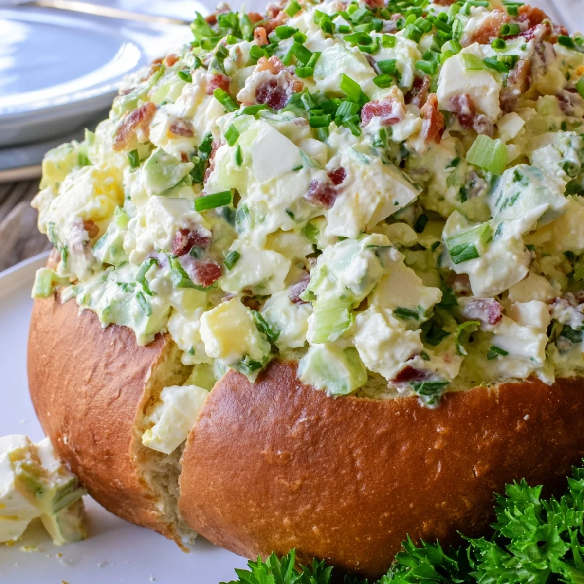 A close-up of the Easter Bunny Cob with Egg Salad, showcasing a golden round loaf topped with a bunny head, ears, and a carrot nose.