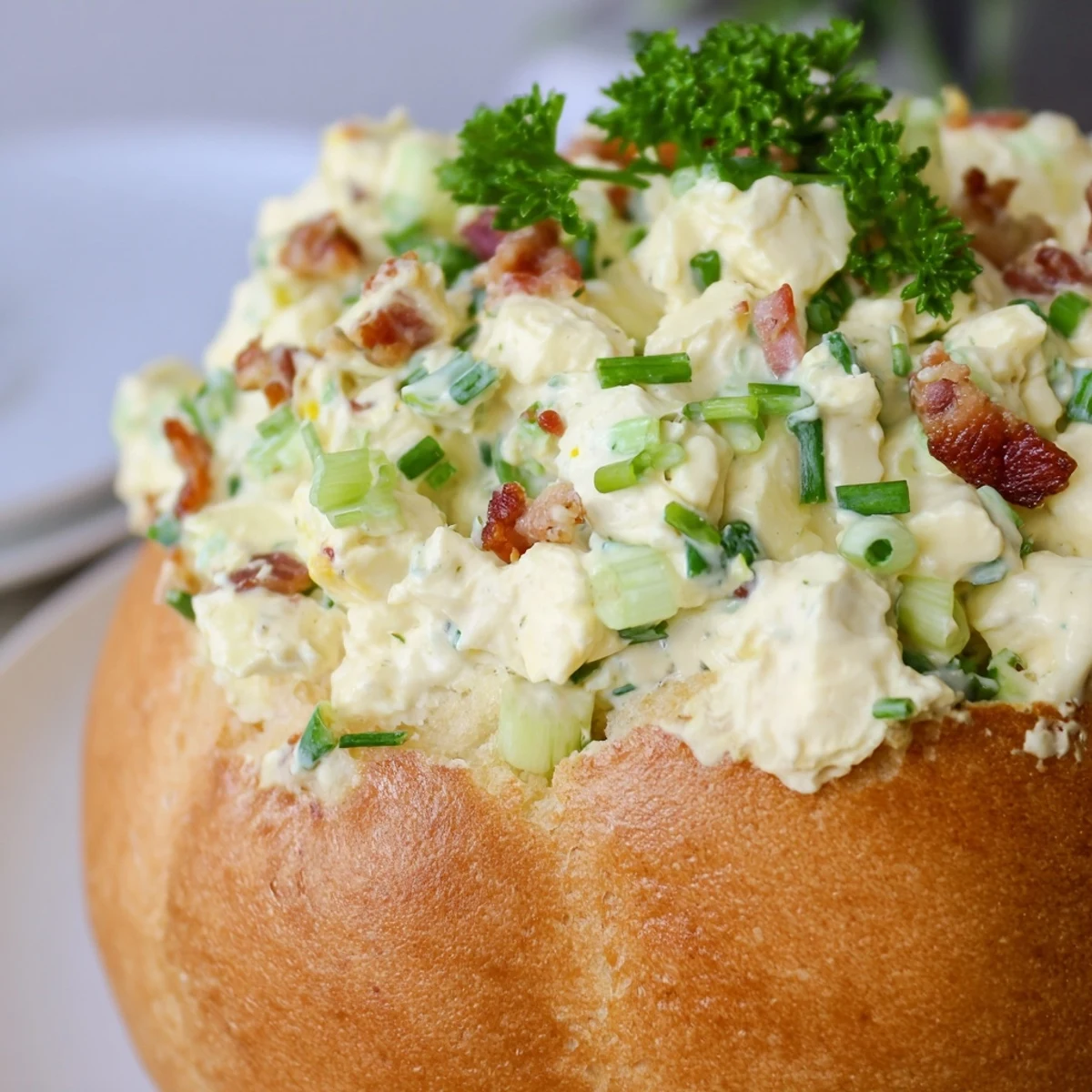 A festive Easter Bunny Cob with Egg Salad recipe photo, featuring the hollowed bread center brimming with chopped egg salad, served with bacon bits on the side.