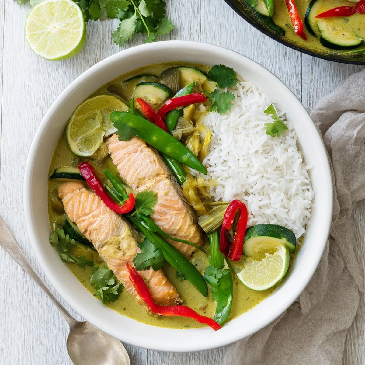 Fragrant Green Thai Curry Salmon simmering in creamy coconut milk with vibrant vegetables, served over jasmine rice.
