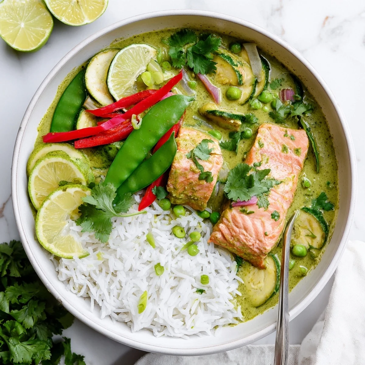 A close view of Green Thai Curry Salmon fillets glistening with lime juice and fresh cilantro garnish.